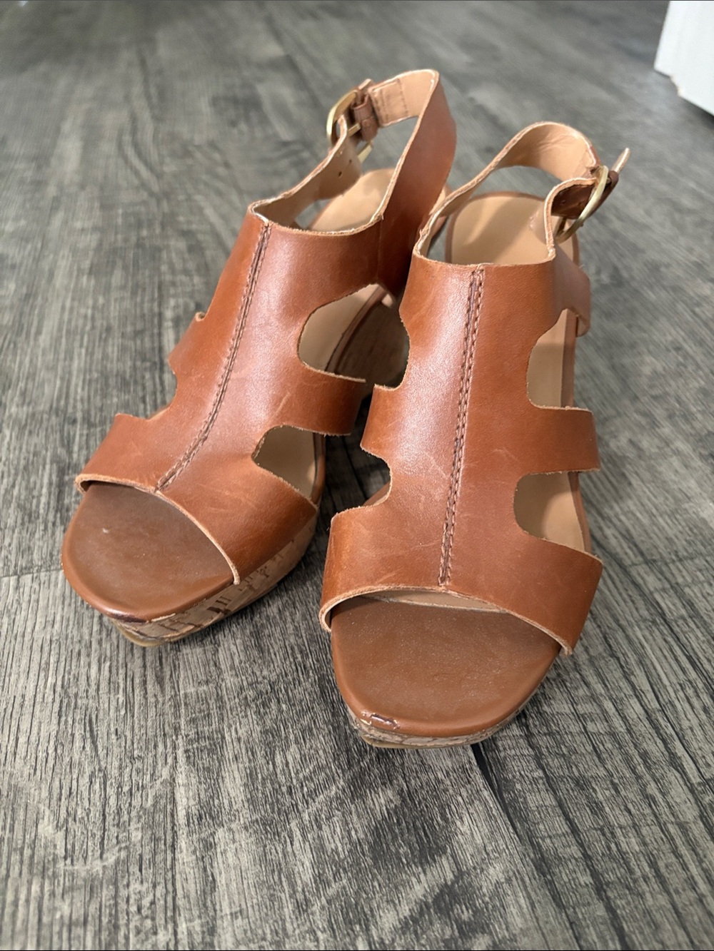 Franco Sarto Colletta Brown Leather Cutout Wedge Sandals